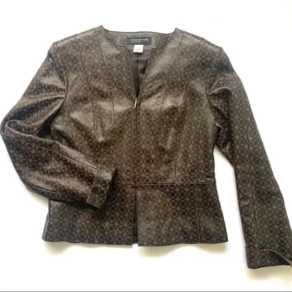 Leather Geometric Dark Brown Fitted Jacket - Picture 5 of 14